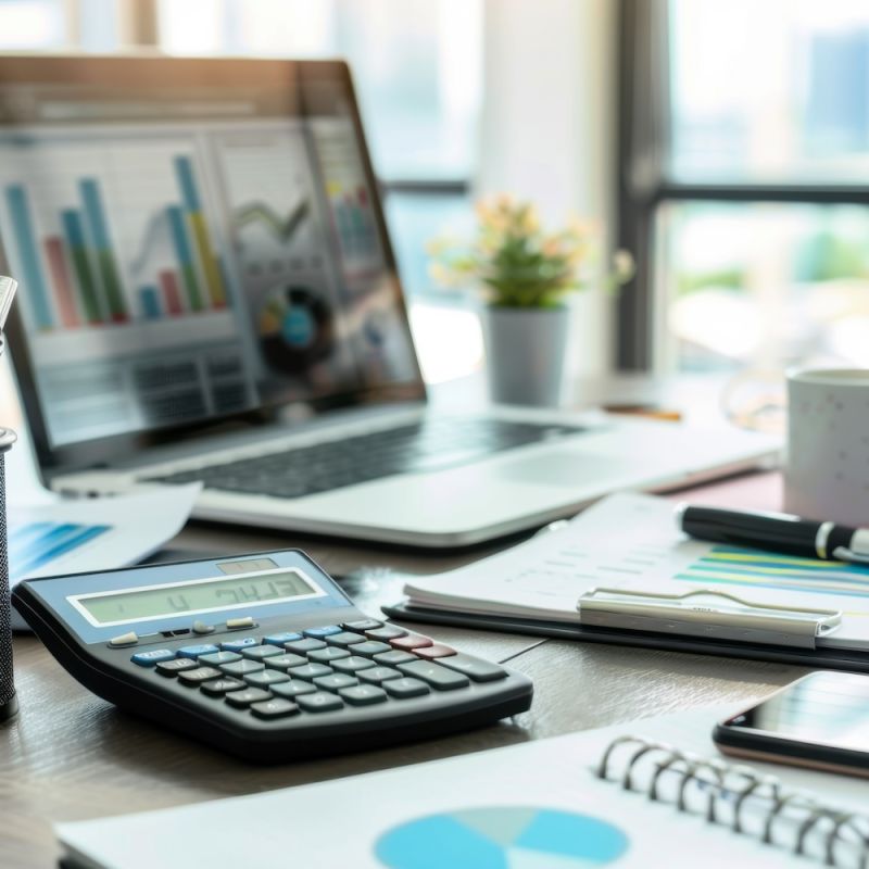 Office desk with laptop, graphs, calculator, and coffee mug, displaying financial analysis and planning tools.