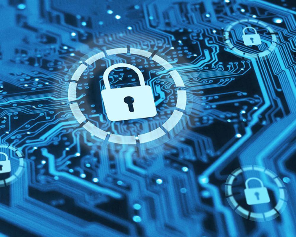 Digital security concept with padlock icons on blue circuit board background.