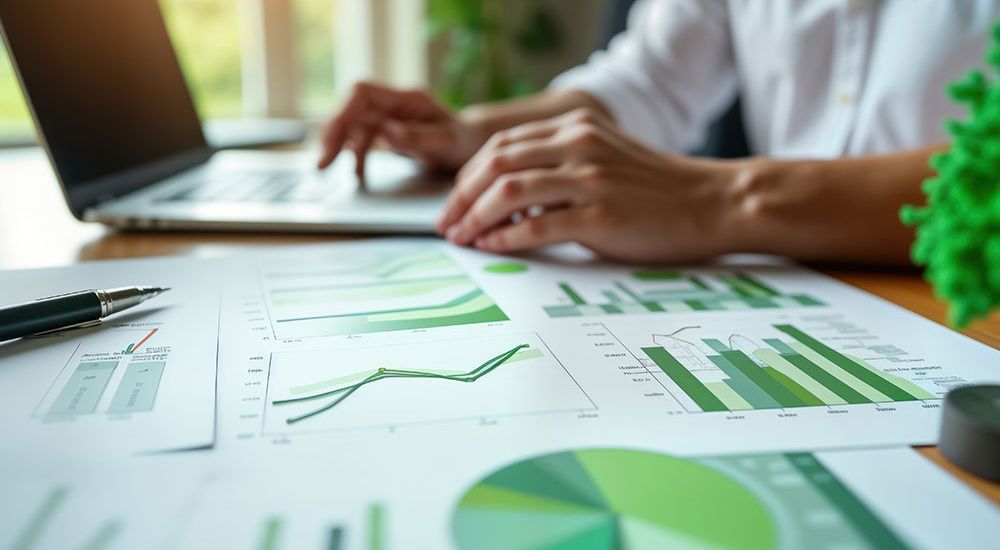 Person analyzing green graphs and charts on paper near a laptop, reflecting business data analysis and planning.
