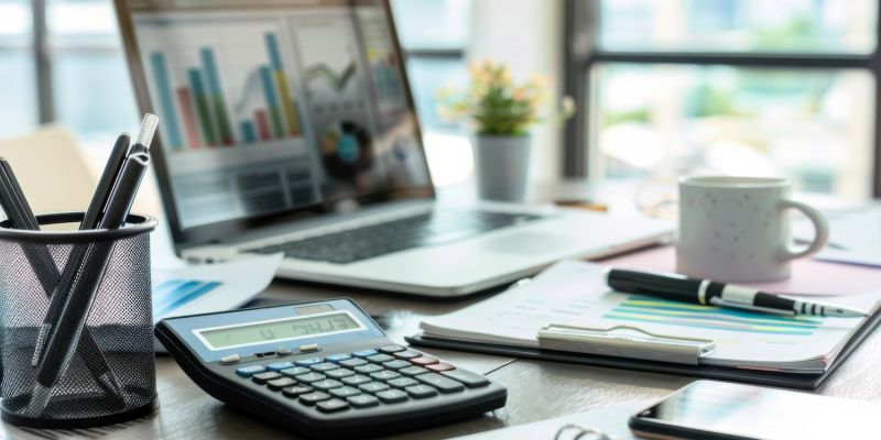 Office desk with laptop, graphs, calculator, and coffee mug, displaying financial analysis and planning tools.