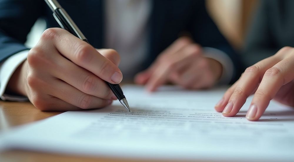 Close-up of hands signing a document with a pen, symbolizing a business agreement or contract negotiation.