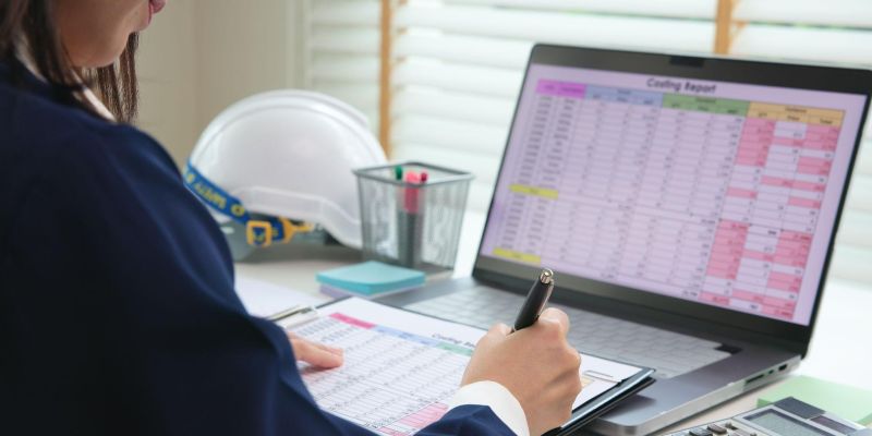 Person analyzing construction budget on laptop and clipboard with calculator and hard hat on desk.